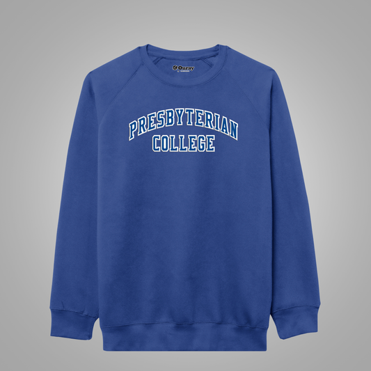 A royal blue crewneck sweatshirt with 'PRESBYTERIAN COLLEGE' printed in white varsity-style lettering with blue outlines across the chest, displayed on a neutral gray background.