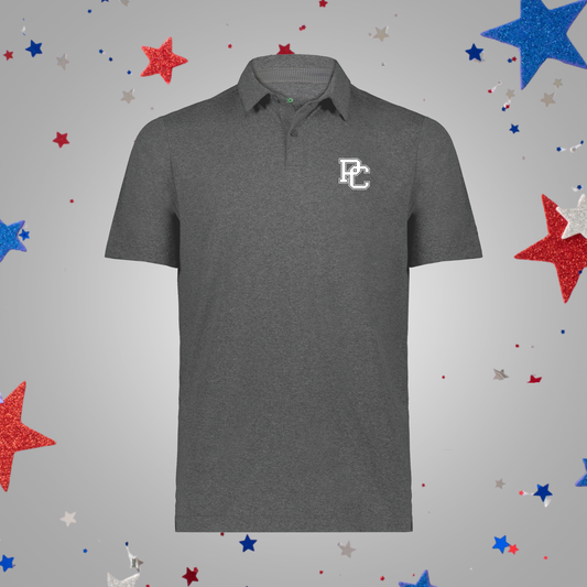 A carbon heather gray short-sleeve polo shirt with a white embroidered 'PC' monogram on the left chest, displayed against a light gray background decorated with red, blue, and white glittery stars.