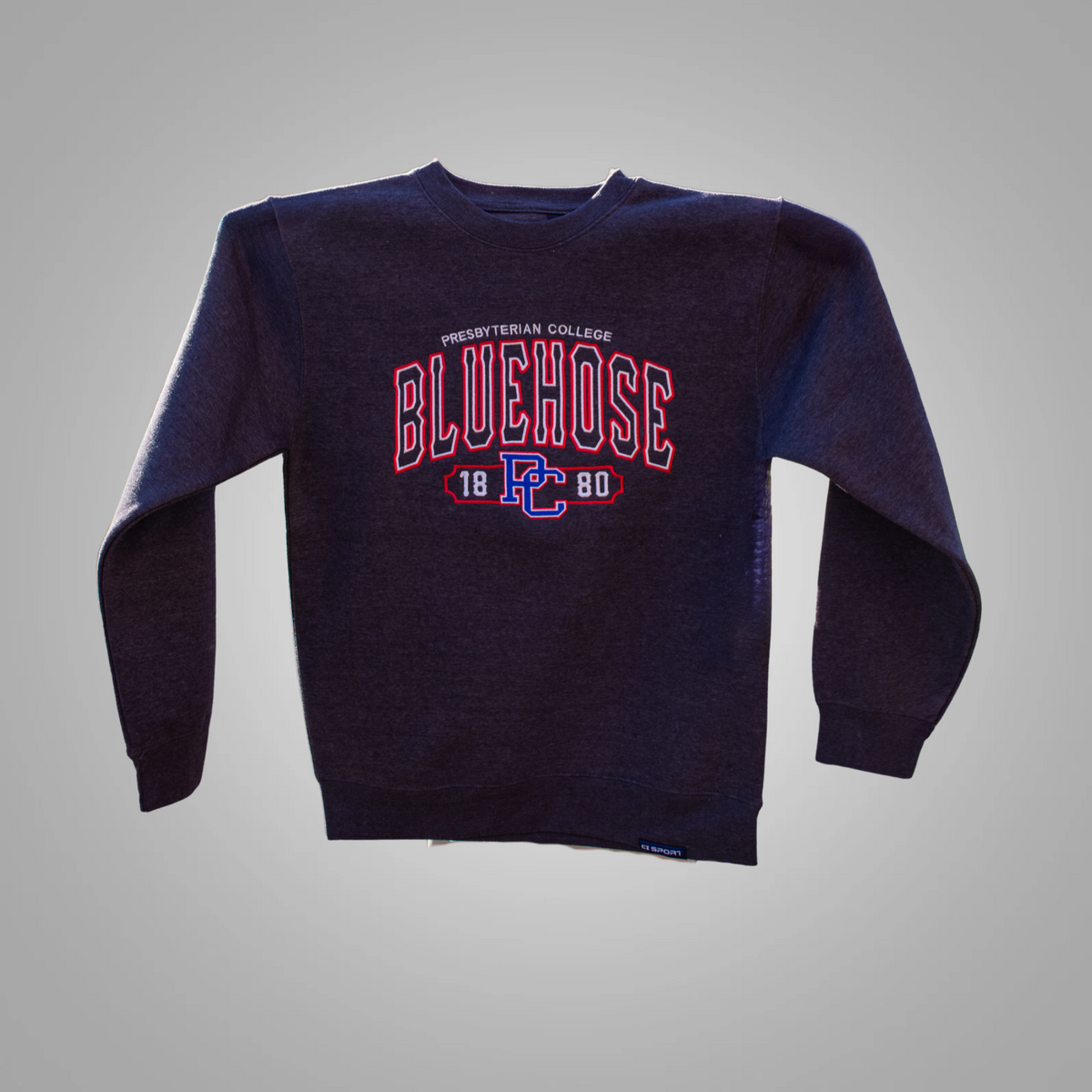 Dark charcoal sweatshirt with embroidery "BlueHose" outlined in red and 1880 with the PC logo in between