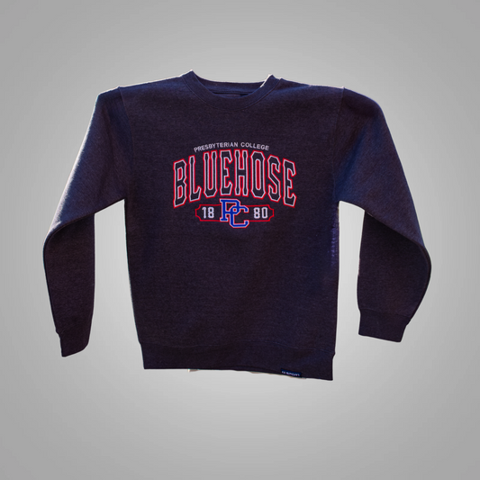 Dark charcoal sweatshirt with embroidery "BlueHose" outlined in red and 1880 with the PC logo in between