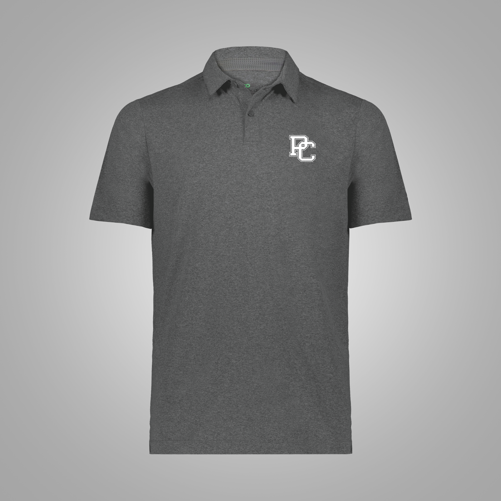A carbon heather gray short-sleeve polo shirt with a white embroidered 'PC' monogram on the left chest, displayed against a light gray background