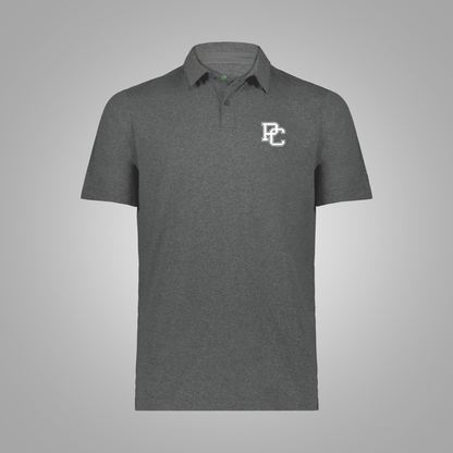 A carbon heather gray short-sleeve polo shirt with a white embroidered 'PC' monogram on the left chest, displayed against a light gray background