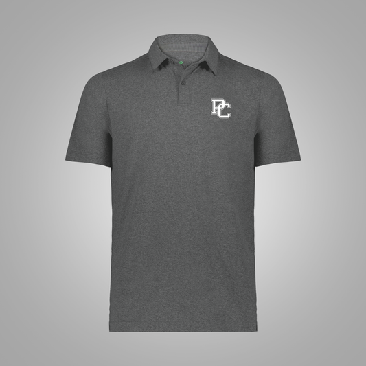 A carbon heather gray short-sleeve polo shirt with a white embroidered 'PC' monogram on the left chest, displayed against a light gray background