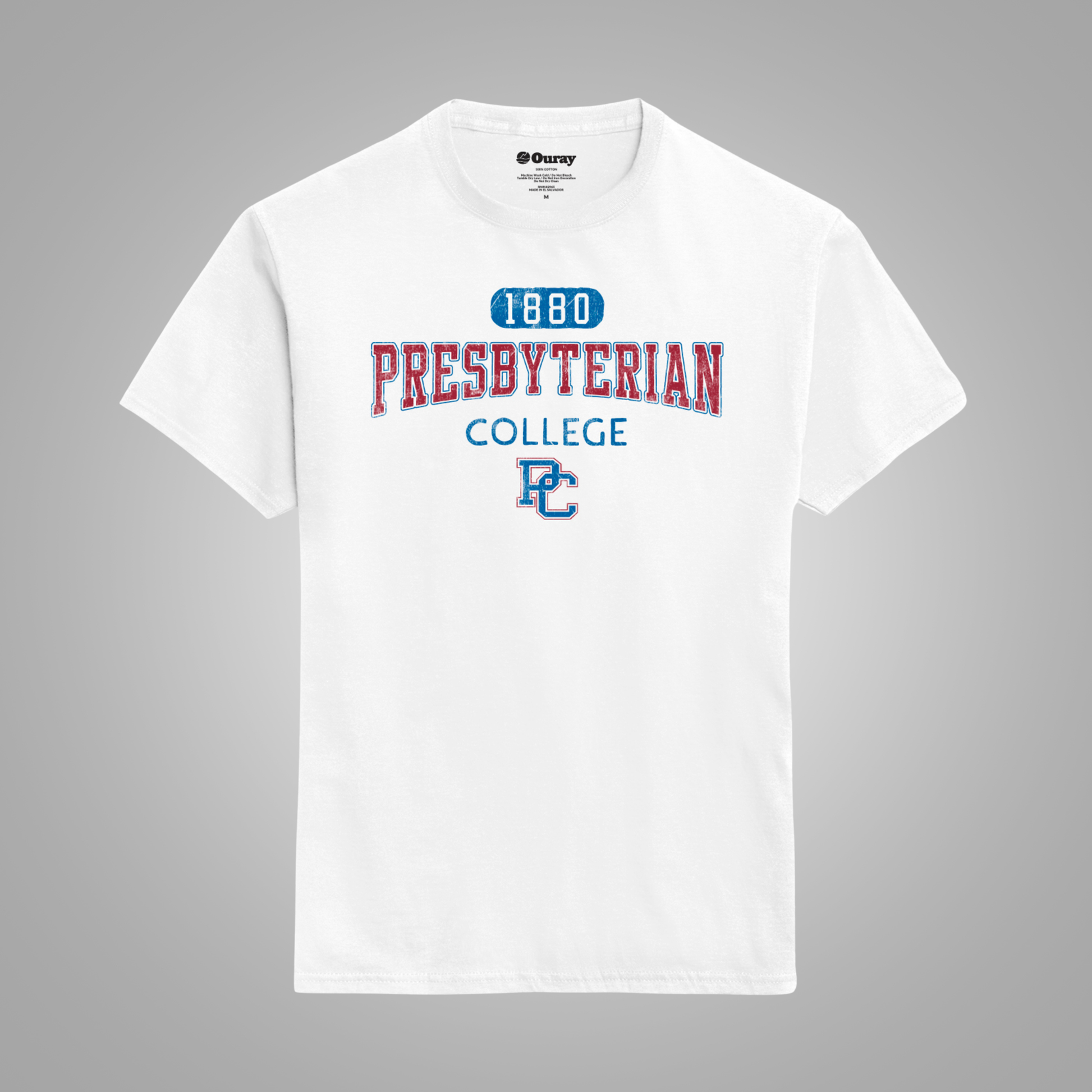A white short-sleeve t-shirt with a collegiate-style graphic on the chest reading '1880 PRESBYTERIAN COLLEGE' in red and blue, with a blue 'PC' monogram, shown on a neutral gray background.