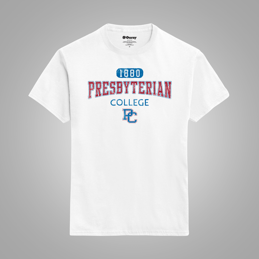 A white short-sleeve t-shirt with a collegiate-style graphic on the chest reading '1880 PRESBYTERIAN COLLEGE' in red and blue, with a blue 'PC' monogram, shown on a neutral gray background.