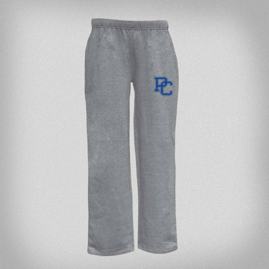 Oxford grey sweatpants with block PC printed in royal ink on the left front hip