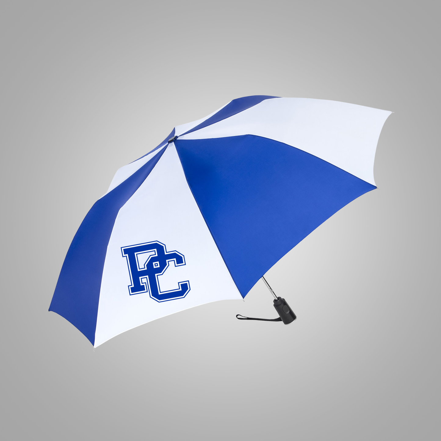 A blue and white striped umbrella with a blue and white 'PC' monogram logo on the white section, shown against a neutral gray background.