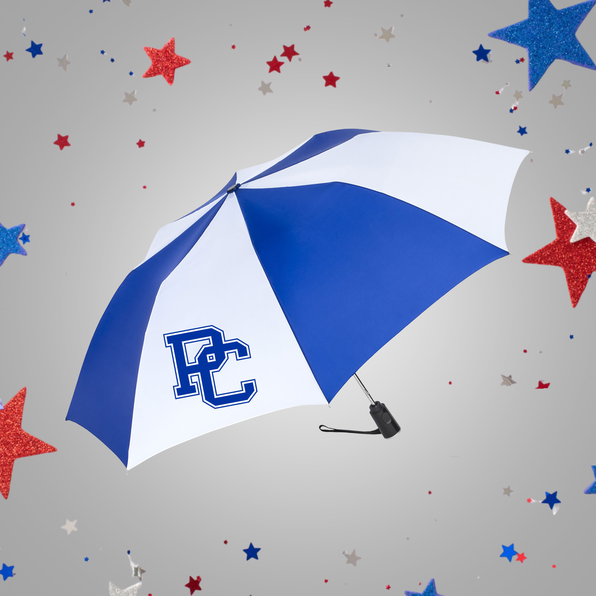 A blue and white striped umbrella with a blue and white 'PC' monogram logo on the white section, shown against a neutral gray background.