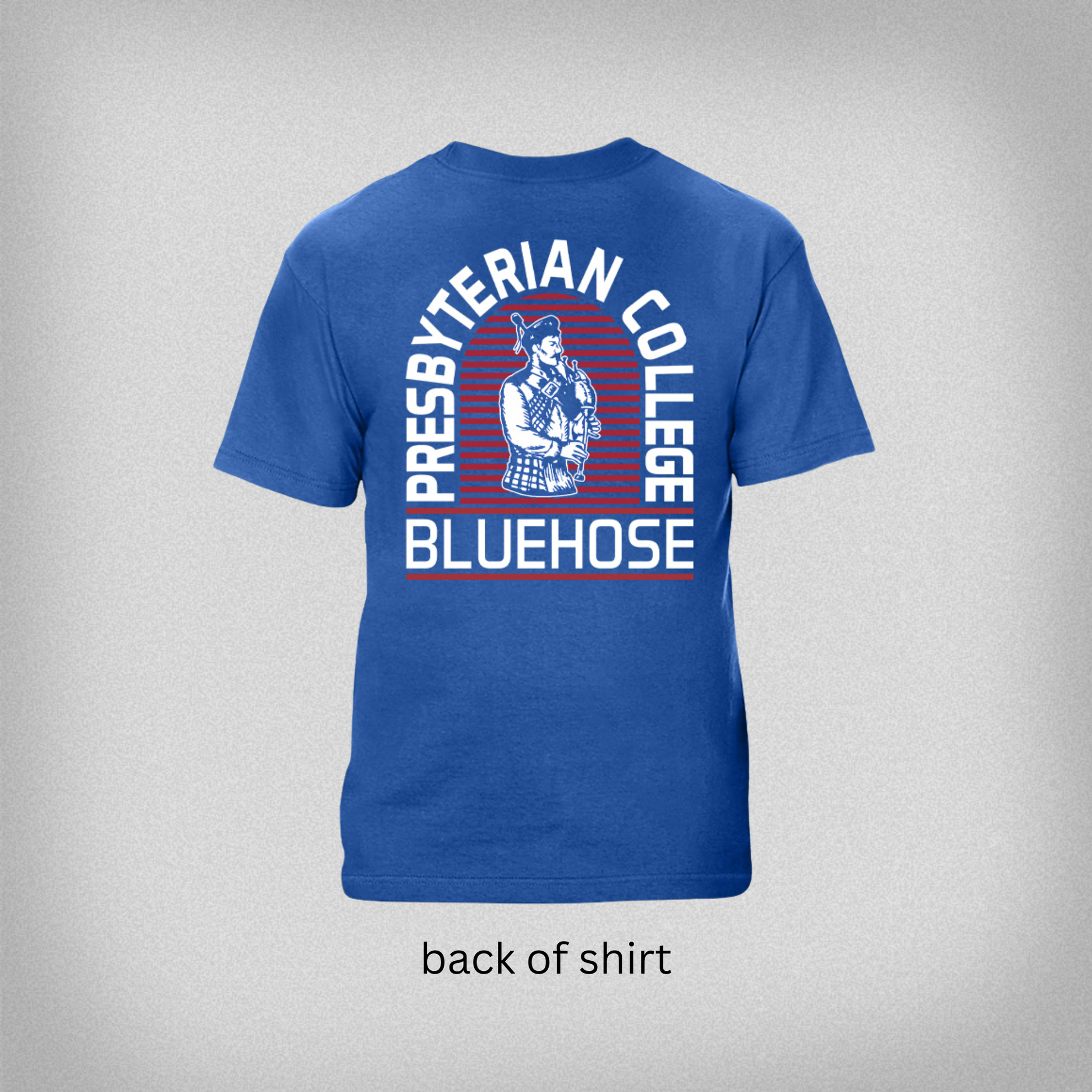 Back view of a royal blue t-shirt with 'Presbyterian College Blue Hose' text and vintage bagpipe scotsman graphic
