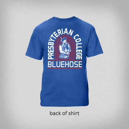 Back view of a royal blue t-shirt with 'Presbyterian College Blue Hose' text and vintage bagpipe scotsman graphic