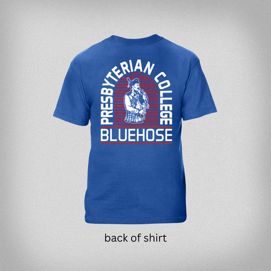 Back view of a royal blue t-shirt with 'Presbyterian College Blue Hose' text and vintage bagpipe scotsman graphic