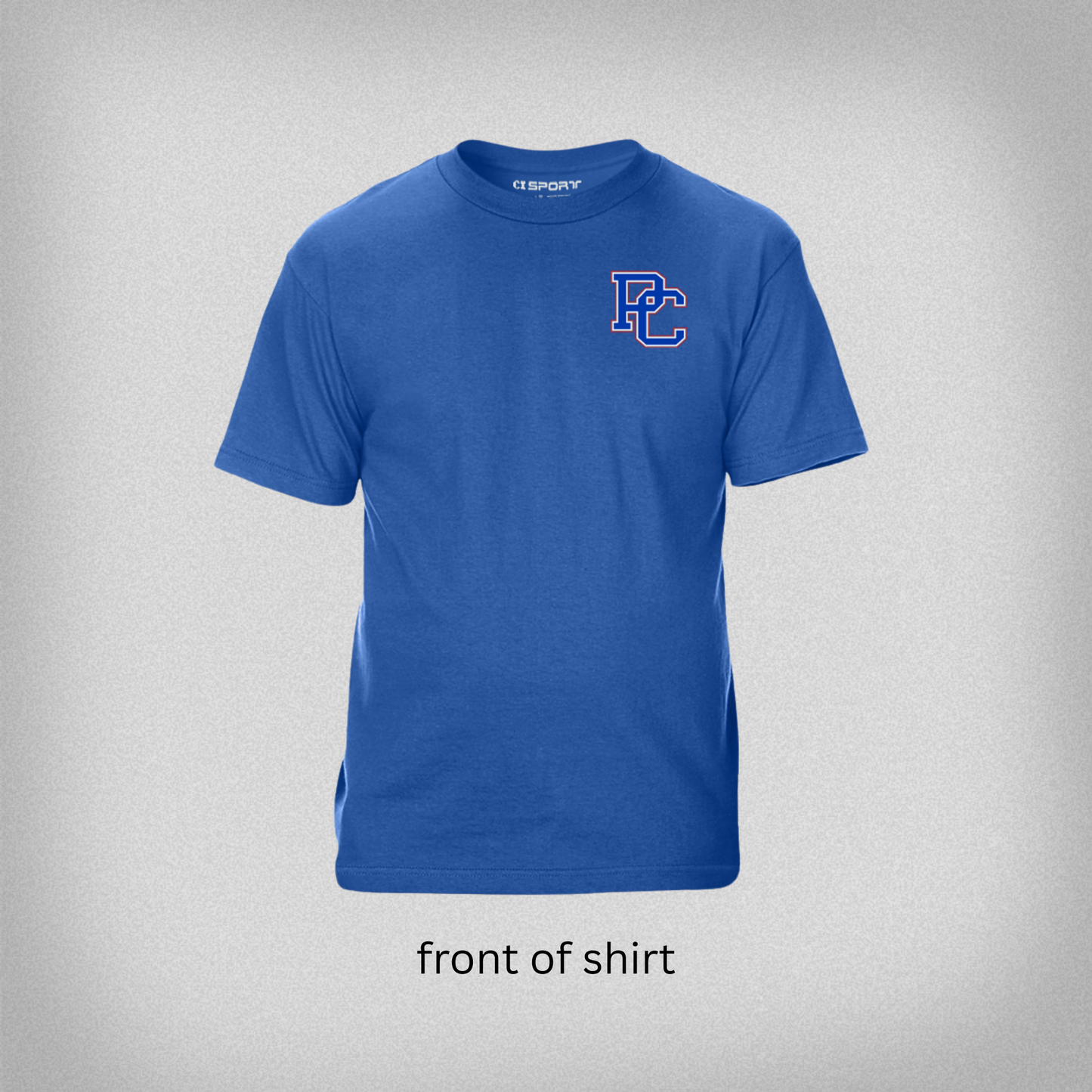 front view of a blue t-shirt with a PC logo on the front left chest