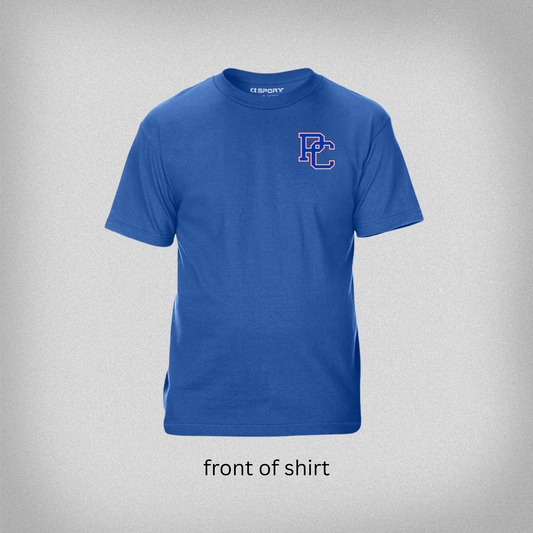 front view of a blue t-shirt with a PC logo on the front left chest