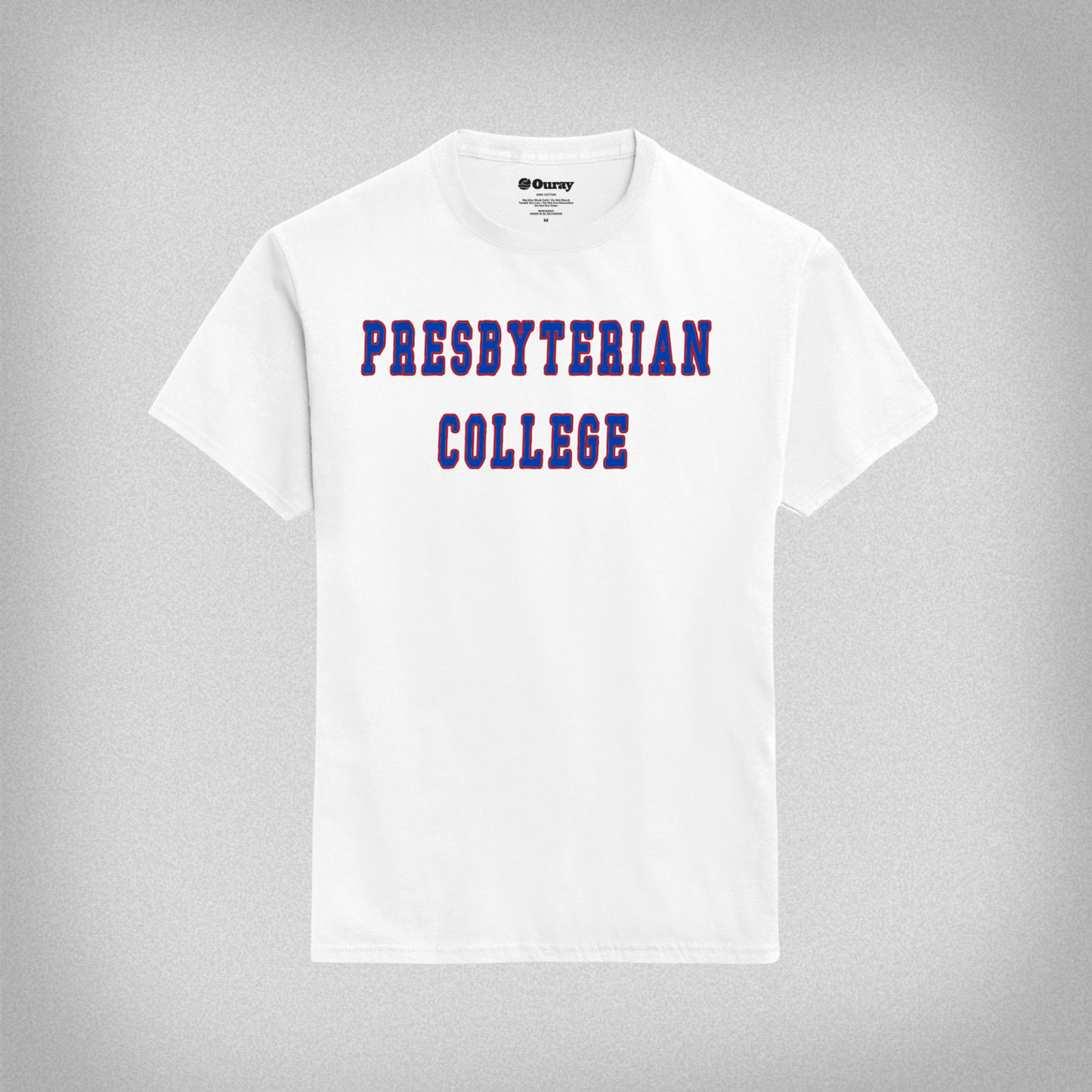 White t-shirt with 'Presbyterian College' text in royal and red ink