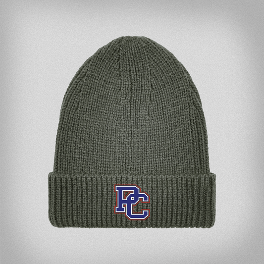 Gray beanie with an embroidered PC logo on the cuff