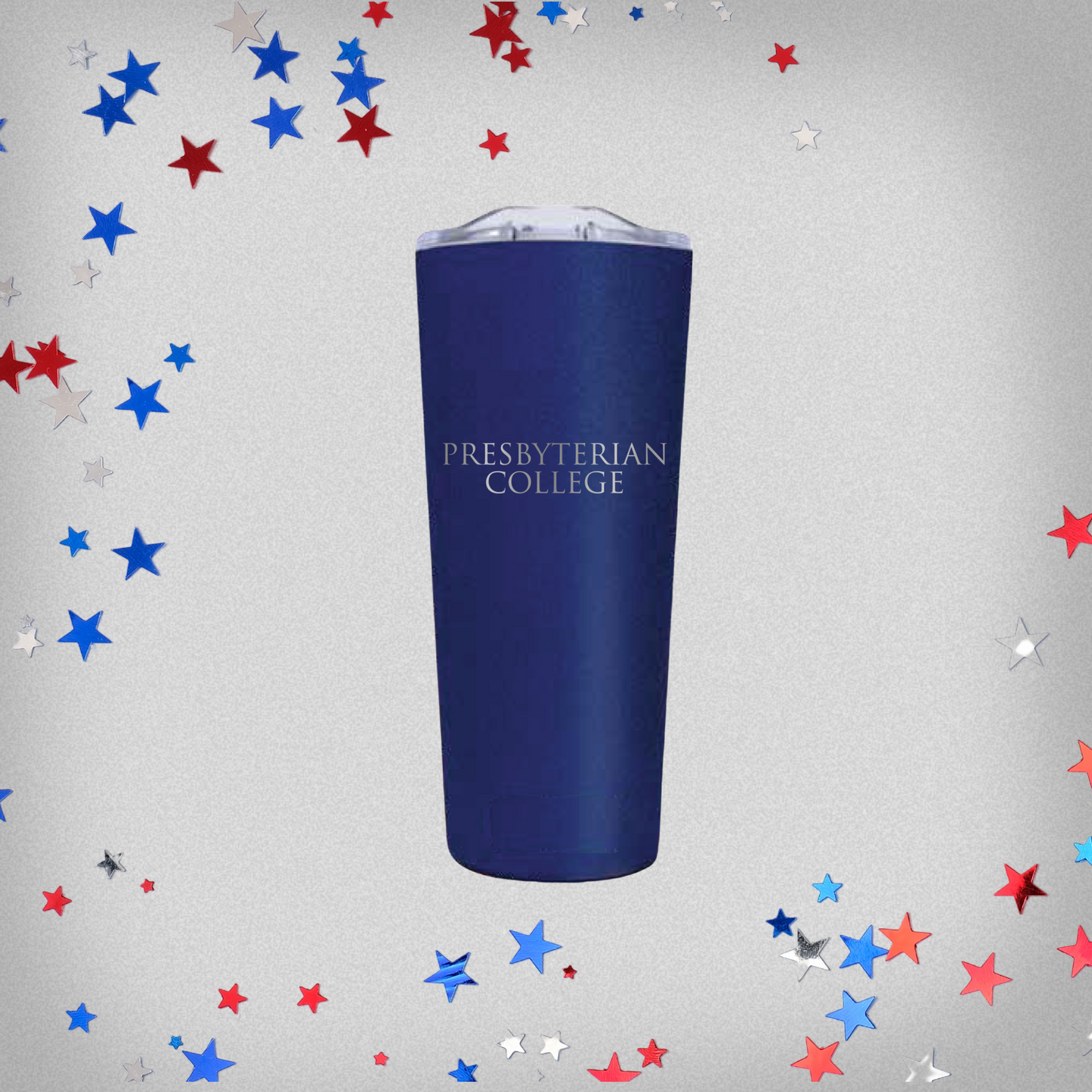 Blue tumbler with 'Presbyterian College' text on a gray background with star confetti