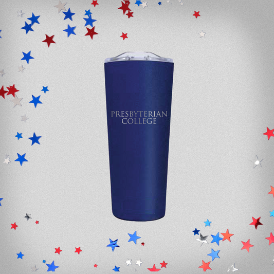 Blue tumbler with 'Presbyterian College' text on a gray background with star confetti