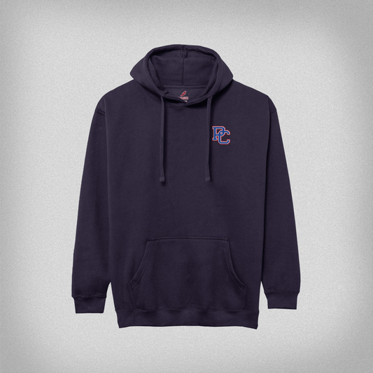 Navy blue hoodie with an embroidered PC logo on the chest