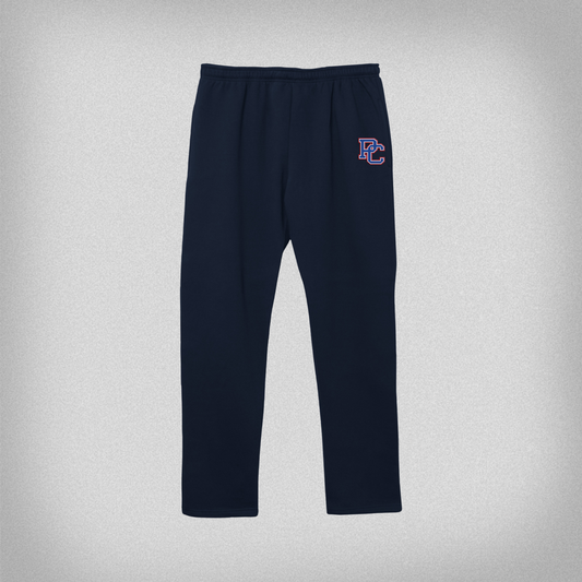 Navy blue sweatpants with a PC logo on the left front hip.