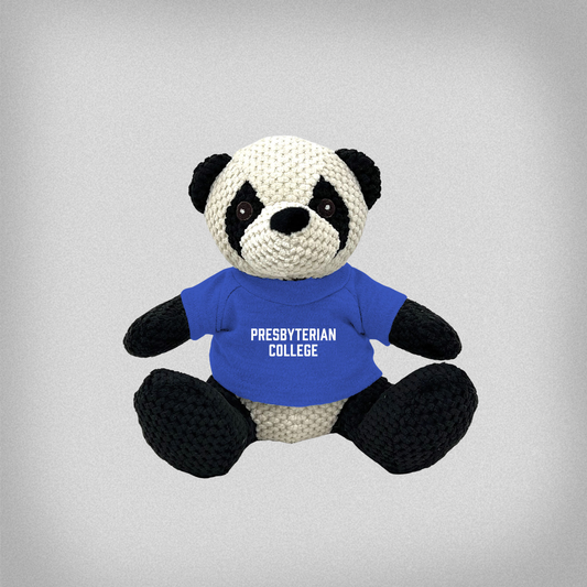 Stuffed Panda bear wearing a blue shirt with 'Presbyterian College' on it