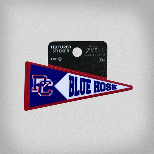Textured 3 inch by 3 inch Pennant shaped sticker with the block PC logo and 'Blue Hose' design in red, blue, and white ink.