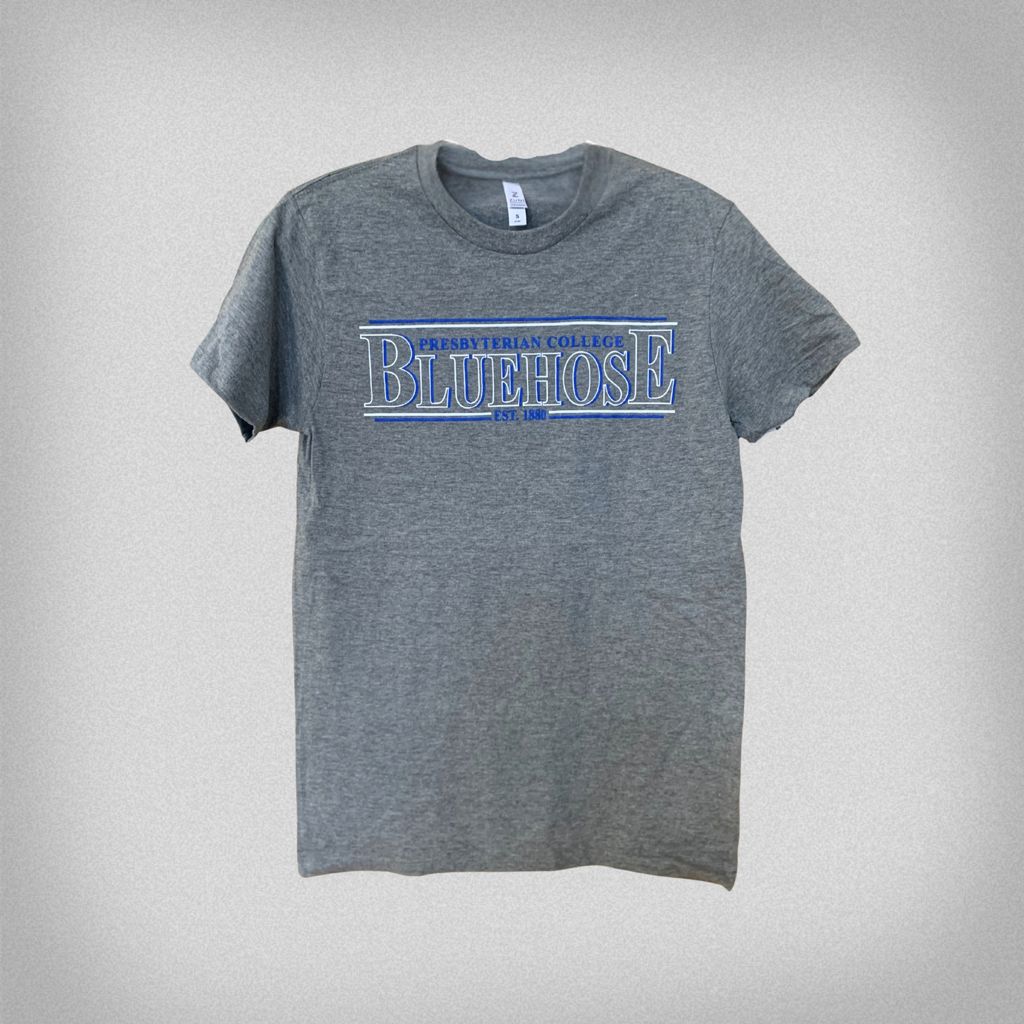 Gray t-shirt with 'Blue Hose' text across the front with smaller text above reading 'Presbyterian College' and small text below reading 'Est. 1880'