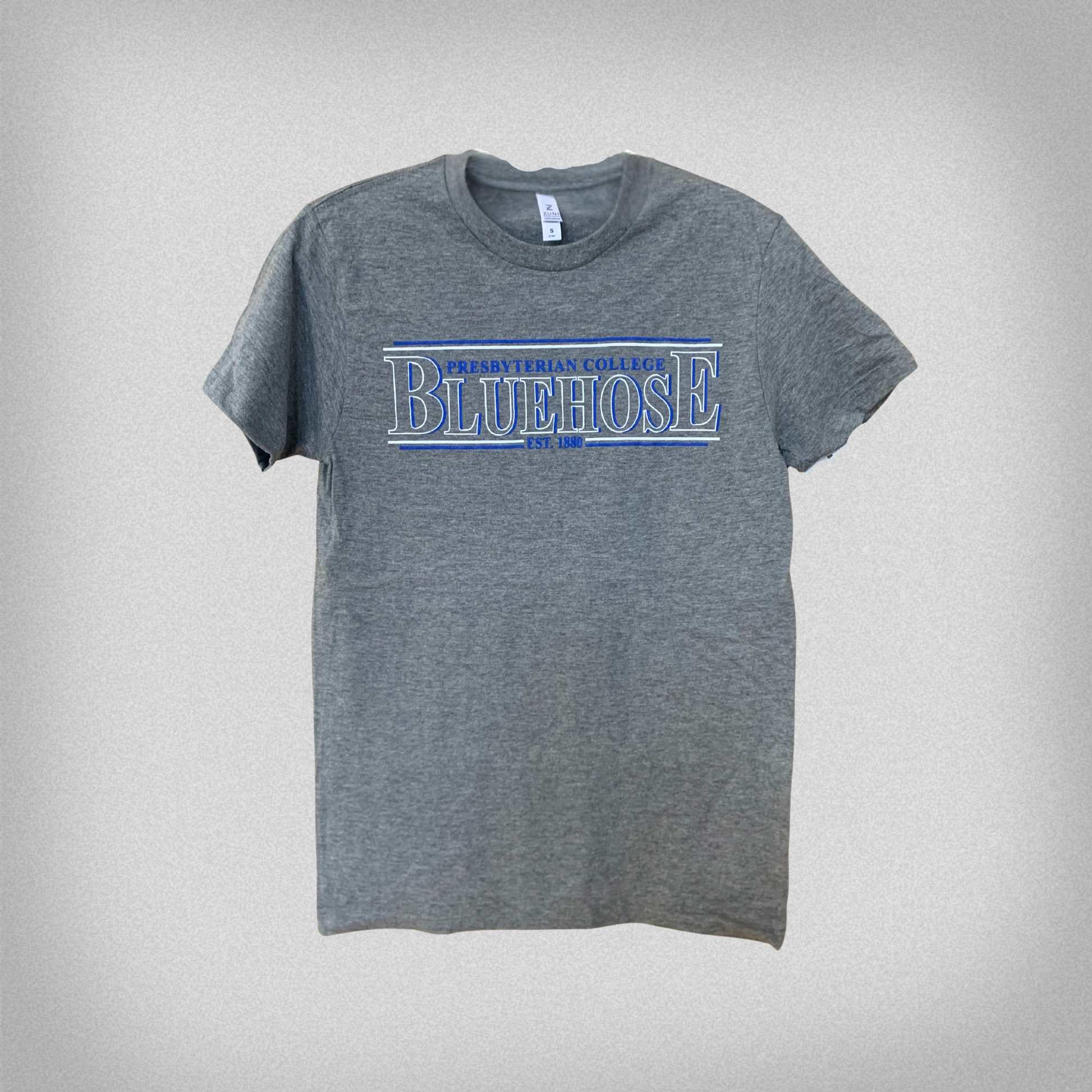 Gray t-shirt with 'Blue Hose' text across the front with smaller text above reading 'Presbyterian College' and small text below reading 'Est. 1880'