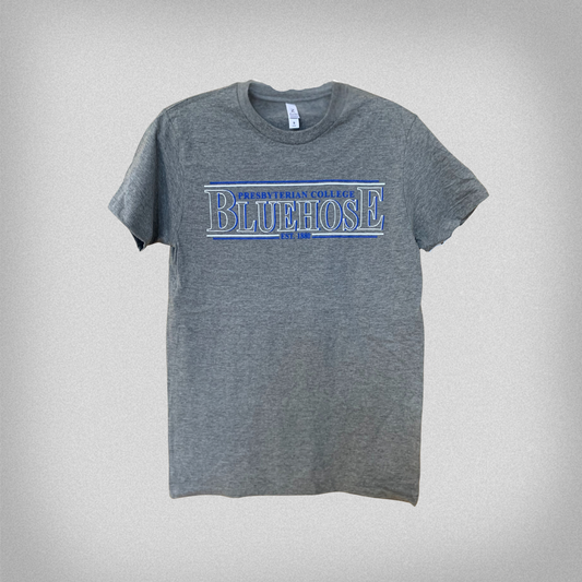 Gray t-shirt with 'Blue Hose' text across the front with smaller text above reading 'Presbyterian College' and small text below reading 'Est. 1880'