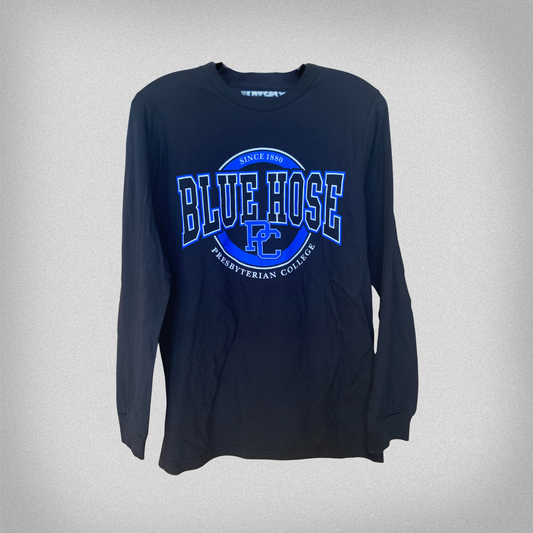 Black long-sleeve shirt with 'Blue Hose" printed across the front with a circular design that features "Since 1880" and "Presbyterian College"
