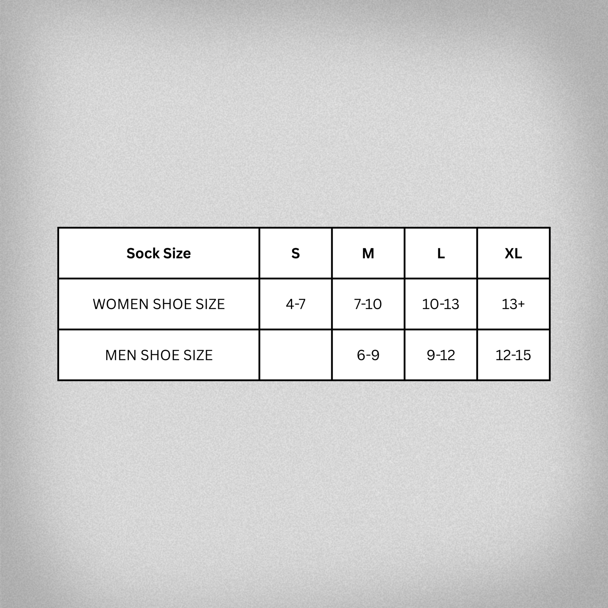 Shoe size chart for the socks - Small - (Women's 4-7), Medium - (Women's 7-10 and Men's 6-9), Large - (Women's 10-13 and Men's 9-12), XL - (Women's 13+ and Men's 12-15)