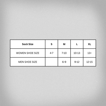 Shoe size chart for the socks - Small - (Women's 4-7), Medium - (Women's 7-10 and Men's 6-9), Large - (Women's 10-13 and Men's 9-12), XL - (Women's 13+ and Men's 12-15)