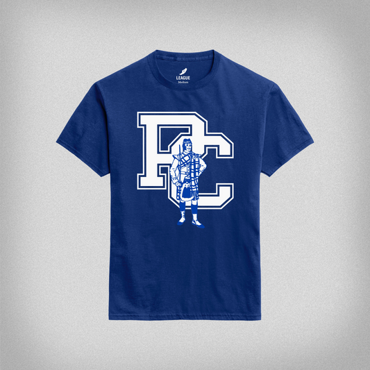 royal blue short sleeve t-shirt with vintage 80s fighting scotsman icon in royal and white ink over the classic Presbyterian College block PC logo
