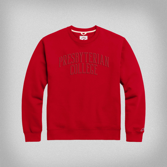 Red crewneck sweatshirt with Presbyterian College embroidered in red thread across the front in a slight arch.