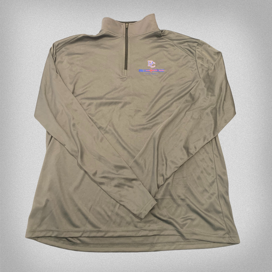 grey 1/4 zip from badger with a screen printed graphic on the left front chest that includes a block PC logo above the Blue Hose athletic wordmark with Football printed below it.