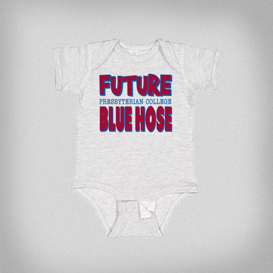 Grey baby onesie with 'Future Presbyterian College Blue Hose' text on a gray background