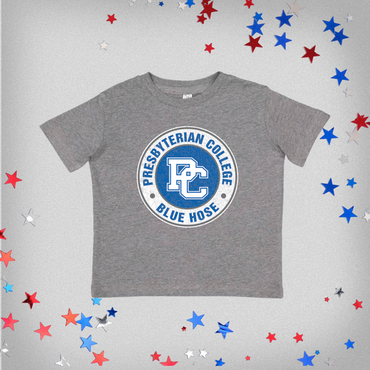Product photo of a gray toddler shirt with Presbyterian College  Blue Hose and PC logo. The product photo has a a gray background with star confetti on it.