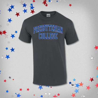 Gray t-shirt with 'Presbyterian College' text on a gray background with star decorations