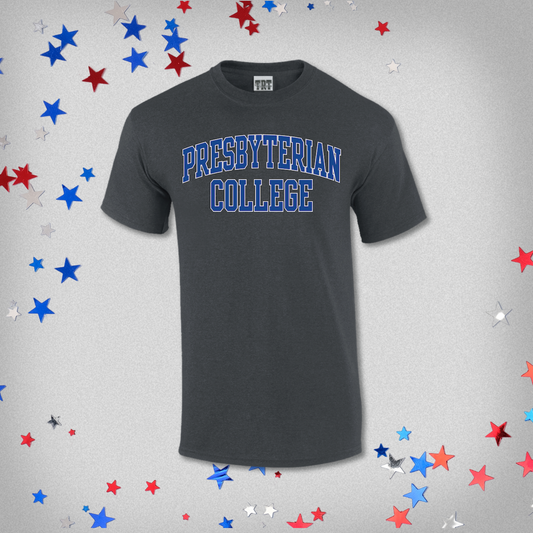 Gray t-shirt with 'Presbyterian College' text on a gray background with star decorations