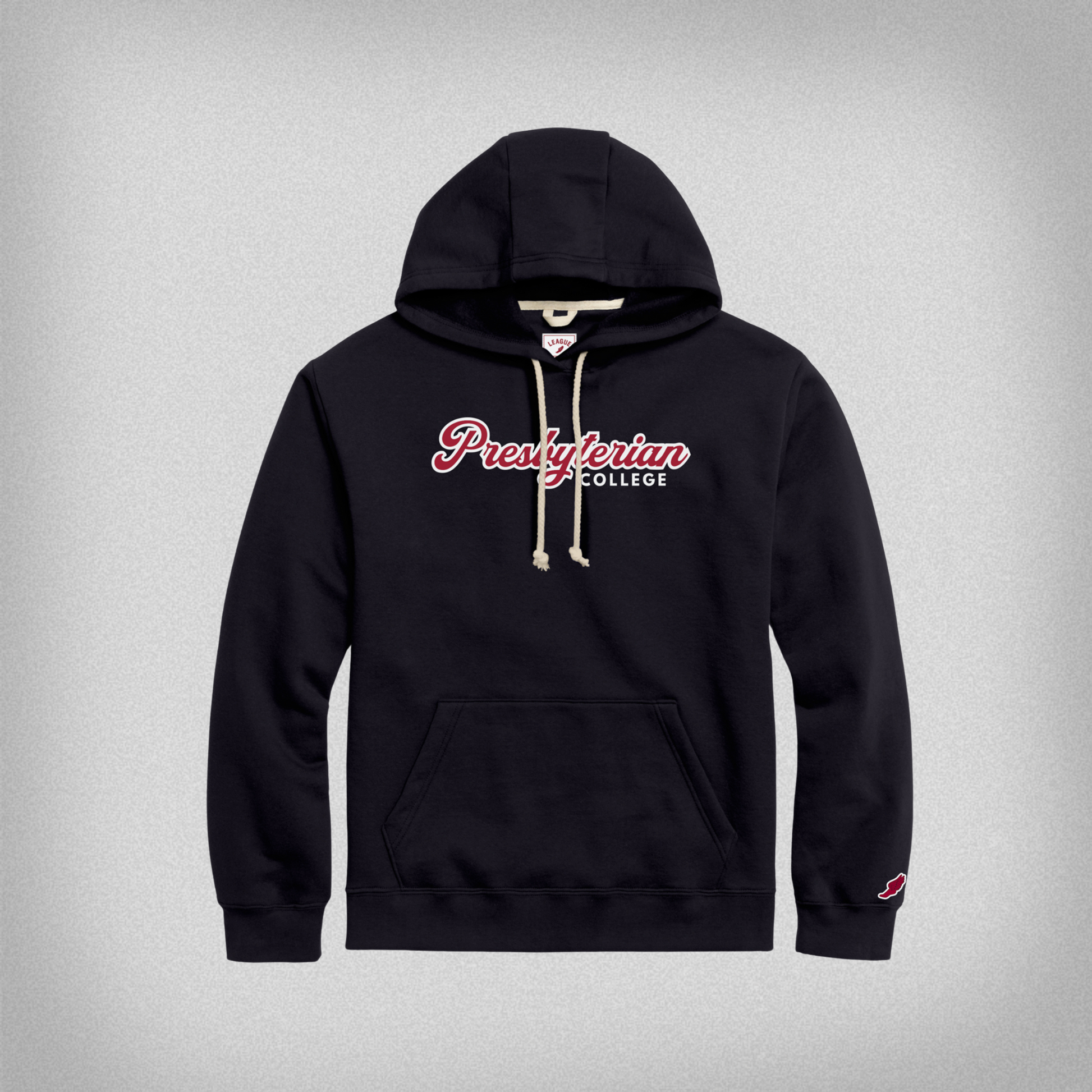 Navy Blue hoodie with 'Presbyterian College' text in red and white ink.