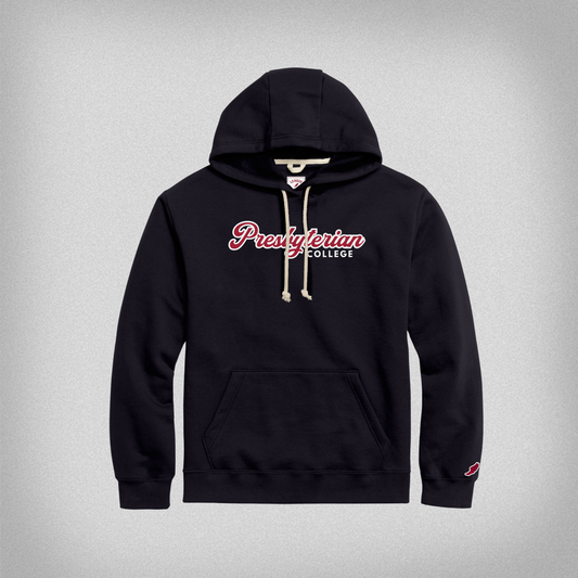 Navy Blue hoodie with 'Presbyterian College' text in red and white ink.