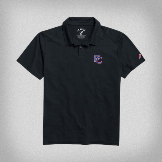 Navy polo shirt with embroidered PC logo on front left chest