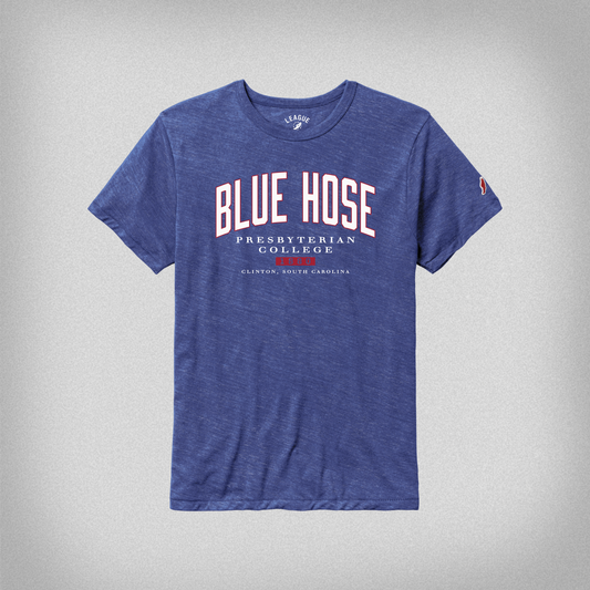 Blue t-shirt with 'Blue Hose Presbyterian College 1880 Clinton South Carolina" on it.