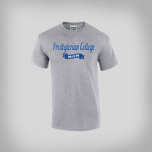 Oxford grey heather t-shirt with a royal and white screen print graphic that says "Presbyterian College Mom"