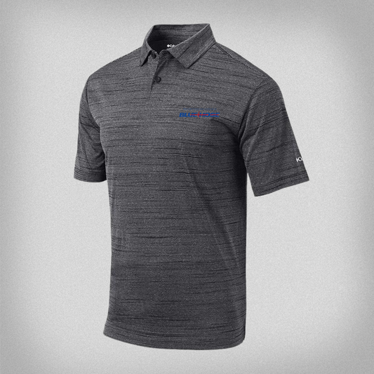 Gray and Black striped polo shirt with the athletic Blue Hose wordmark embroidered in red and blue thread on the front left chest.