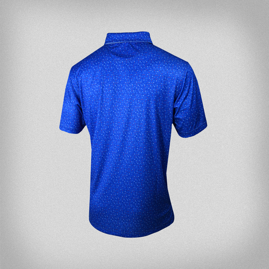 Back view of a hyper blue columbia polo with red and white confetti pattern all over it.
