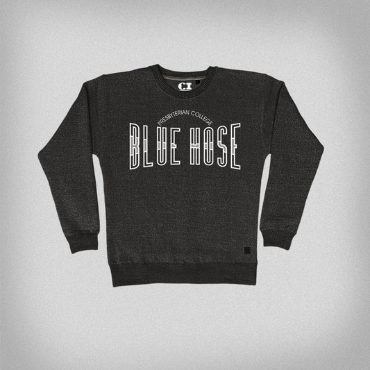Black sweatshirt with 'Presbyterian College Blue Hose' text embroidered in silver thread.