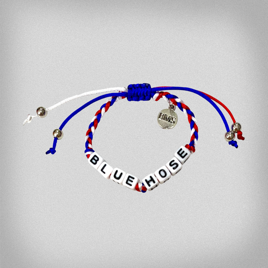 red white and blue braided bracelet with 'BLUE HOSE' beads.