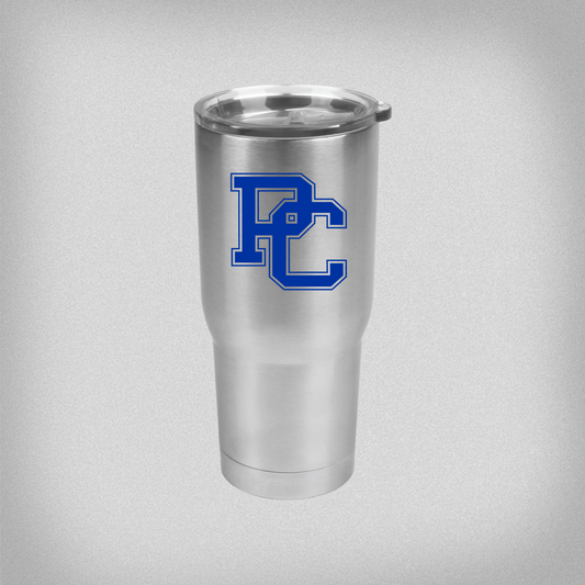 Silver tumbler with a blue PC logo.