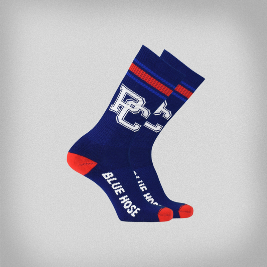 Blue socks with red and white accents 
