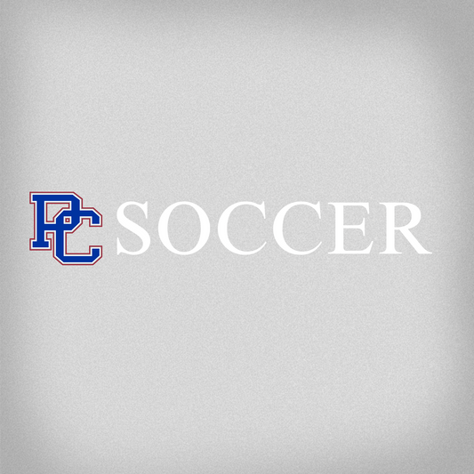 decal with a block PC logo in blue and red alongside white lettering that spells out 'soccer'